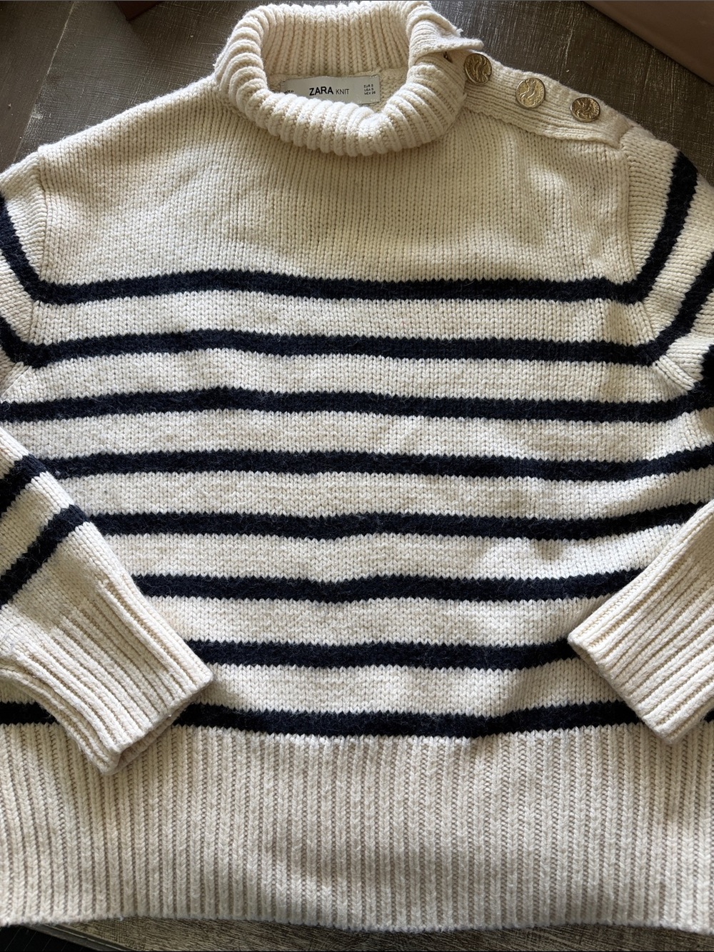 Zara Cream and Navy Striped Turtleneck Sweater with Shoulder Buttons